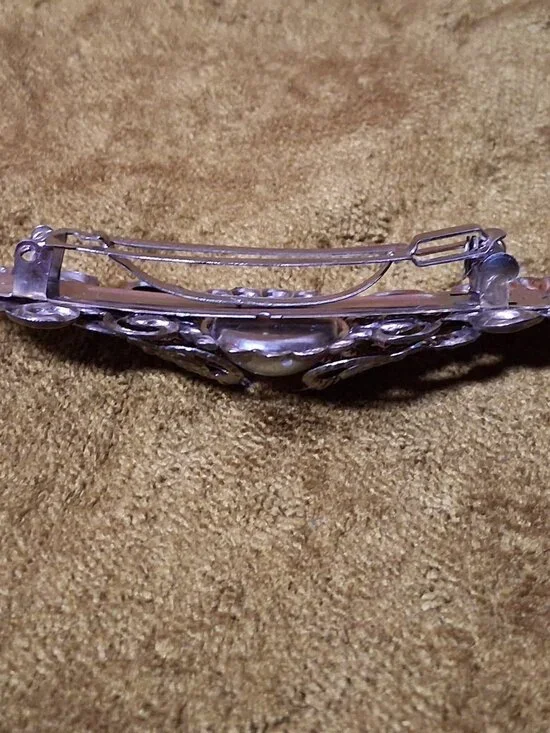 Vintage Barrette Hair Clip Silver Ornate Filligree Faux Pearl Korea 4" - Picture 12 of 13